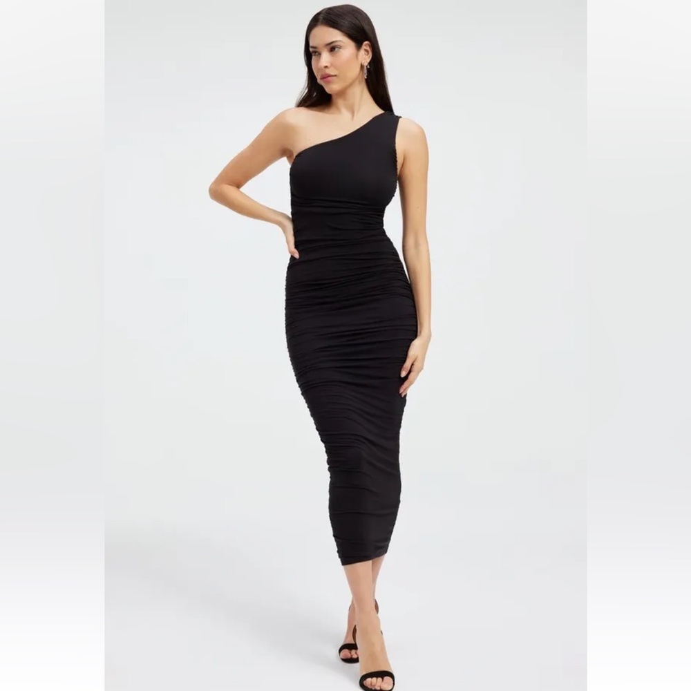 Good American Black Slinky Jersey One-Shoulder Midi Dress- Size 0 (…